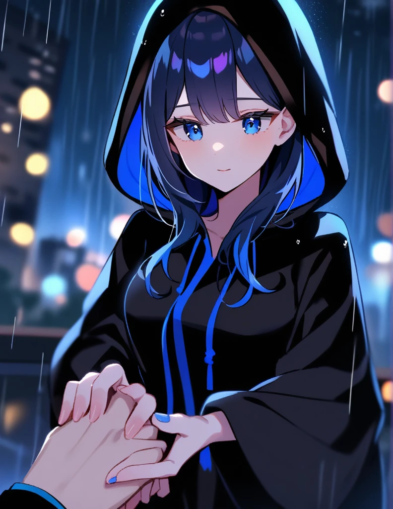 Mysterious woman wearing a black hooded robe, with dazzling blue eyes, holds out her hand while making a proposal, on a rainy night