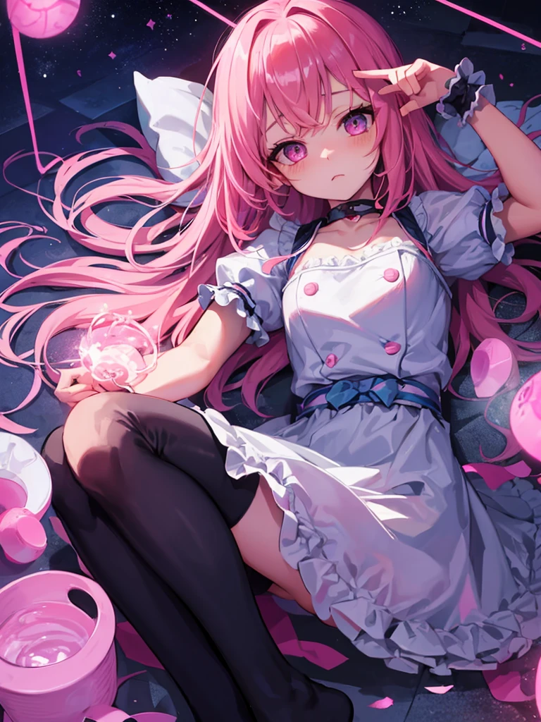 1 loli girl, pink hair with blue highlights, pink eyes, detailed face and hair, shy expression, blushing pink face ,short maid outfit, detail body, glowing stary eyes, cinematic lighting, extremely detailed, best quality, 4k, 8k, ultra HD, masterpiece, very anime style, bokeh, starry shining lighting, original character, low angle, smooth skin, Lying down pose,