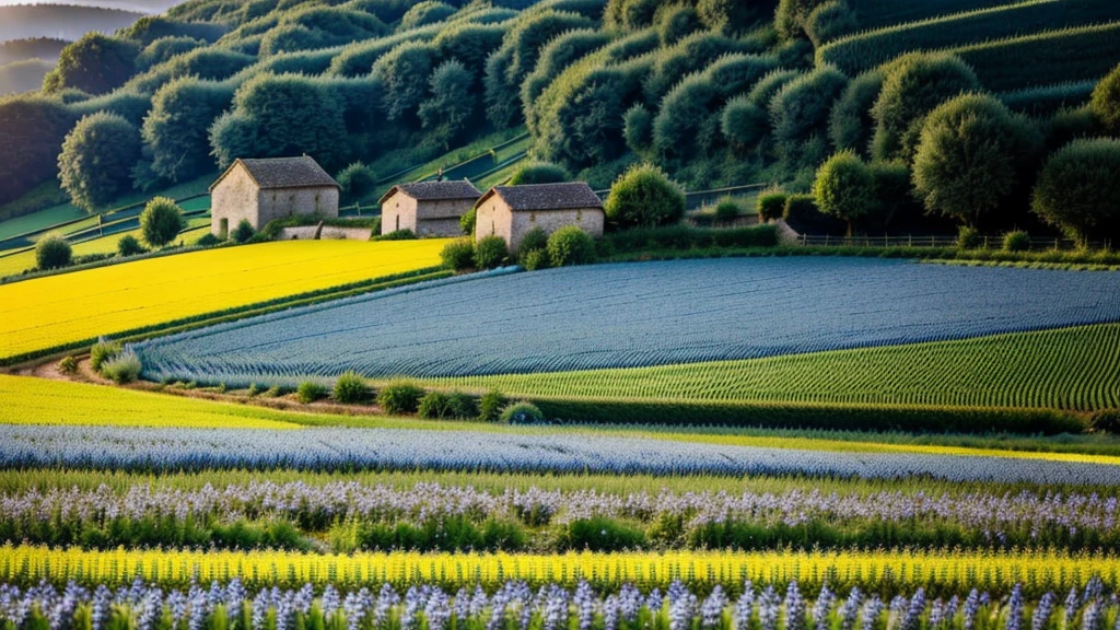 Grandes terrasses,grosse montagne,Plants de riz soignés,Village vierge,Il y a des champs bleu indigo,Les gens cultivent la campagne dans les champs,Temps brumeux,Au milieu de vastes paysages tranquilles,derrière un petit village