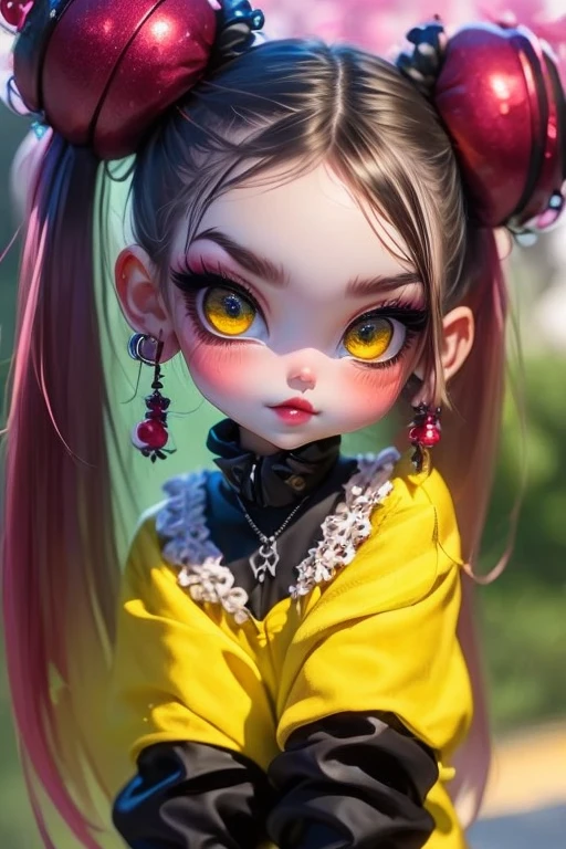 extremely detailed CG unity 8k wallpaper, best quality, ultra-detailed, masterpiece, realistic, photo realistic, blush, parted lips, looking at viewer , half body shot , (Perona One Piece), ping long hair, blushing, beautiful face, embarrassed face, standing, arms behind head, cute face, goth outfit, twintails, outdoor, sakura blossom, stripe legging, skirt, smile at viewer,