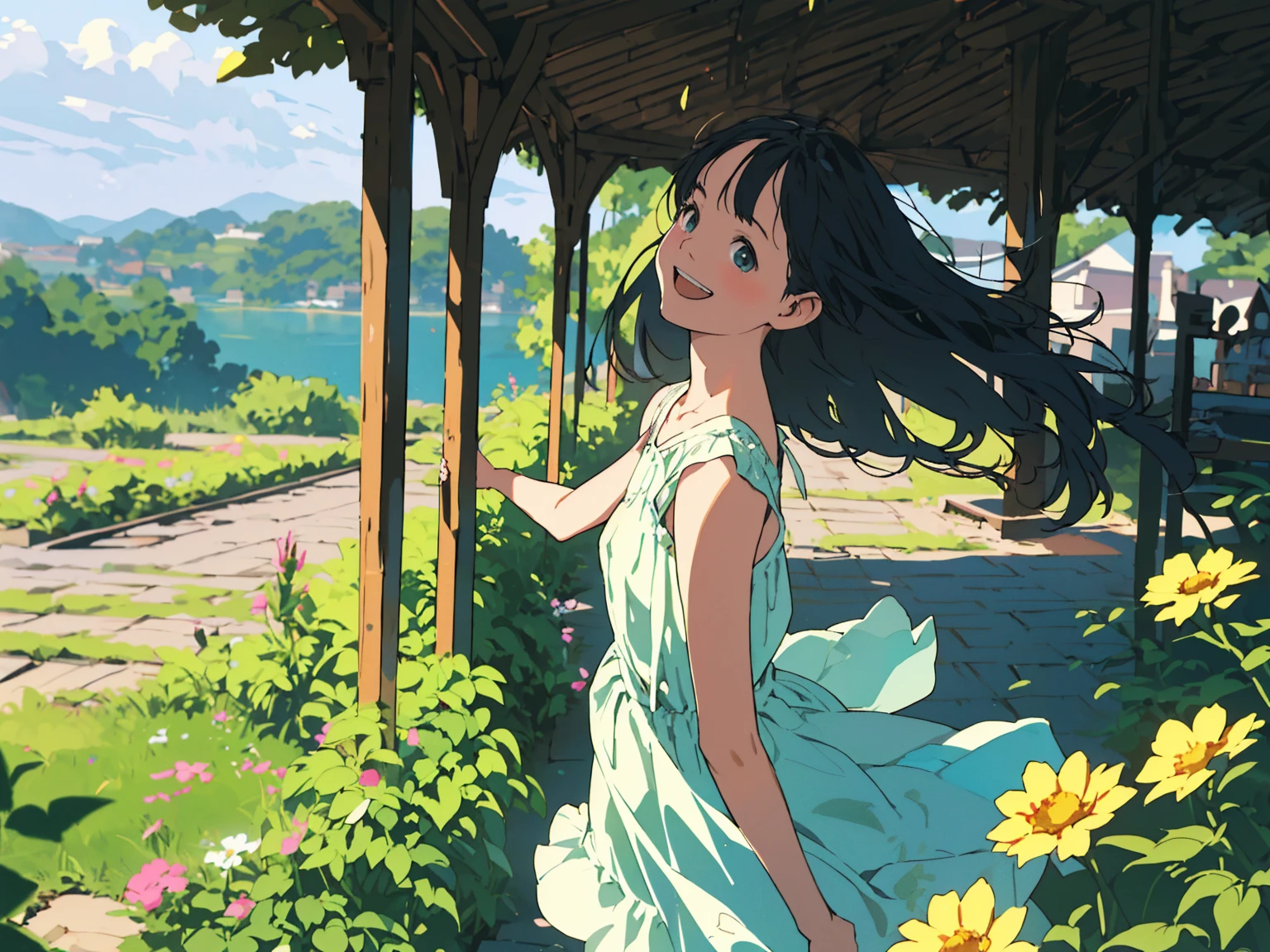 Reasonable design, Clear lines, High Sharpness, (Highest quality,8K,Perfect sharpness,Ultra fine,High resolution,masterpiece:1.2), Perfect Anatomy:1.5, Official Art, Illustrations that tell a story, (Whitish background:0. 9）、Body Positivity、多Mr.な身体表現、（Random and energetic poses）、Perfect beauty、Perfect beautiful face、Strong winds、A rich expression、Dynamic composition、smile、Golden ratio composition、colorful、（(Mr.々Different angles and perspectives)）、Anime Art、(Mini dress)、（Overcoming stereotypes）、 Glowing Skin、（Natural beauty）、smile、Bangs、（Soft and flowing hair）、（countryside）、（Nostalgic atmosphere）、Put up to your feet、（Playful and carefree）、（多Mr.な民族のキャラクター）、（innocent attitude）、（Sunny atmosphere）、(The skirt flutters wildly in the wind)、（Bright colors）、Beautiful Eyes、(Embarrassing)、Braided Hair、Summer Scene、Smiling among flowers、Side angle、Angle from below、
