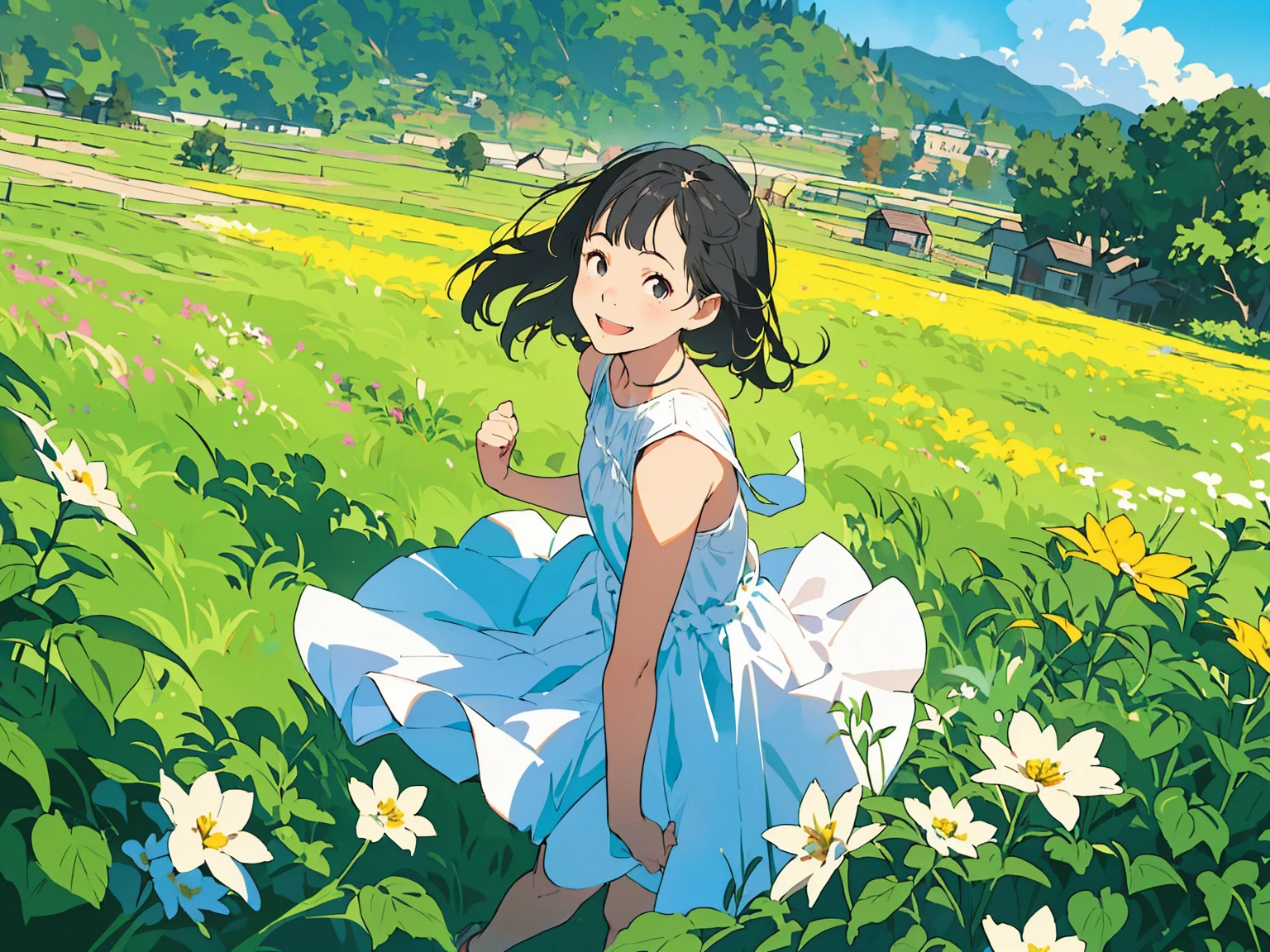 Reasonable design, Clear lines, High Sharpness, (Highest quality,8K,Perfect sharpness,Ultra fine,High resolution,masterpiece:1.2), Perfect Anatomy:1.5, Official Art, Illustrations that tell a story, (Whitish background:0. 9)、Body Positivity、多Mr.な身体表現、(Random and energetic poses)、Perfect beauty、Perfect beautiful face、Strong winds、A rich expression、Dynamic composition、smile、Golden ratio composition、colorful、((Mr.々Different angles and perspectives))、Anime Art、(Mini dress)、(Overcoming stereotypes)、 Glowing Skin、(Natural beauty)、smile、Bangs、(Soft and flowing hair)、(countryside)、(Nostalgic atmosphere)、Put up to your feet、(Playful and carefree)、(多Mr.な民族のキャラクター)、(innocent attitude)、(Sunny atmosphere)、(The skirt flutters wildly in the wind)、(Bright colors)、Beautiful Eyes、(Embarrassing)、Braided Hair、Summer Scene、Smiling among flowers、Side angle、Angle from below、
