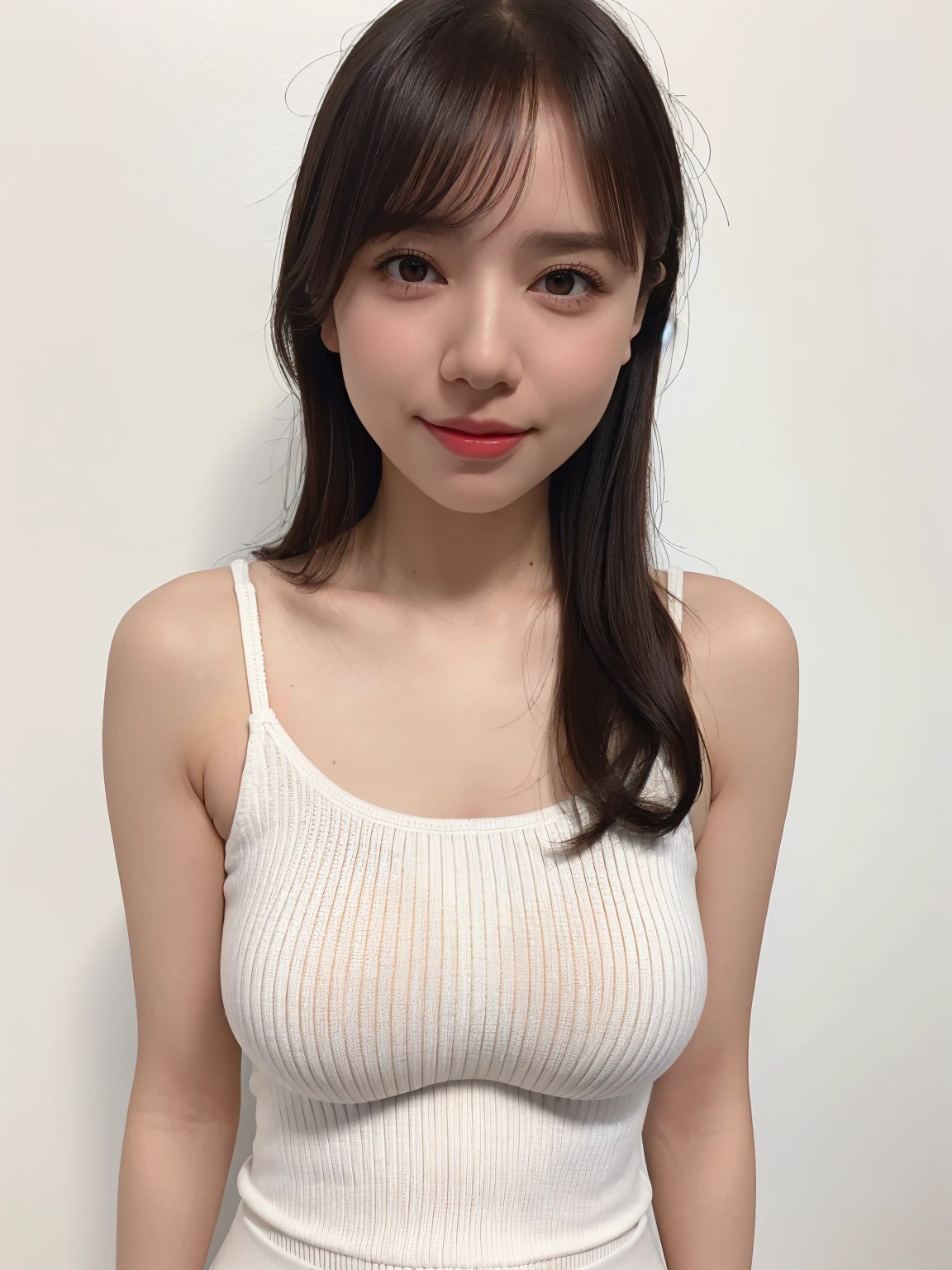 (best quality:1.4), (ultra highres:1.2), (photorealistic:1.4), (16k, RAW photo:1.2),(portrait shot:1.3), bmangpor, 1girl, solo, medium hair, brown hair, white smooth armpits, one arm up, knit tank top, natural big breast:1.3, full body:1.6