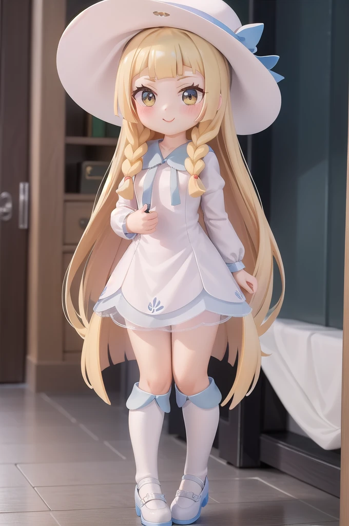 masterpiece, Highest quality,Super detailed, One girl, .Nendoroid,smile, lillie, big hat, white hat, indoor, braid, study, Full body image