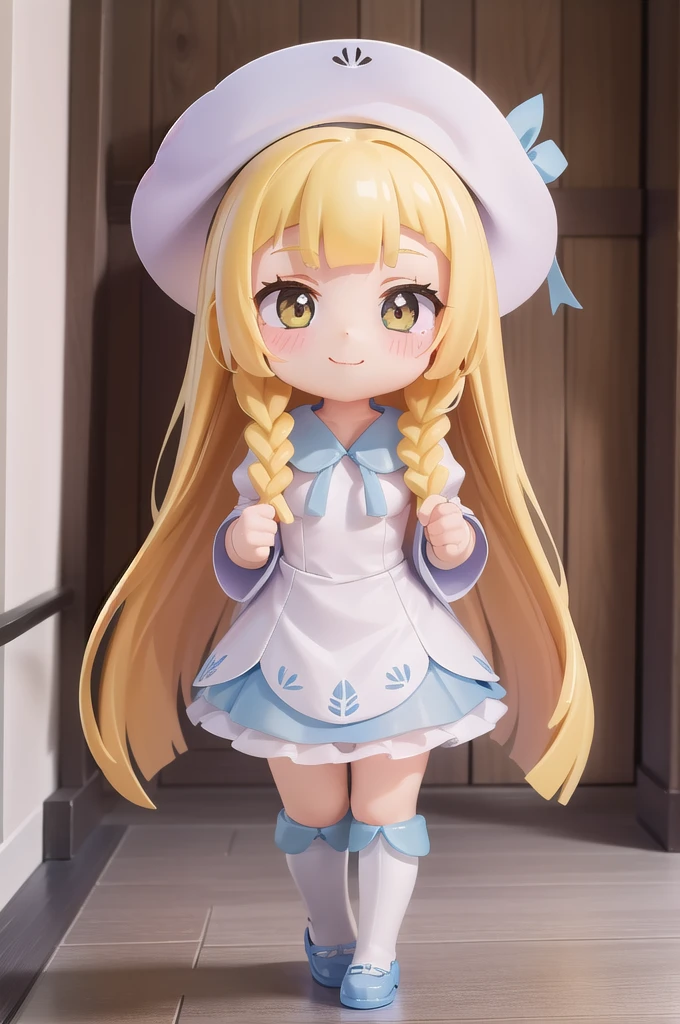 masterpiece, Highest quality,Super detailed, One girl, .Nendoroid,smile, lillie, big hat, white hat, indoor, braid, study, Full body image