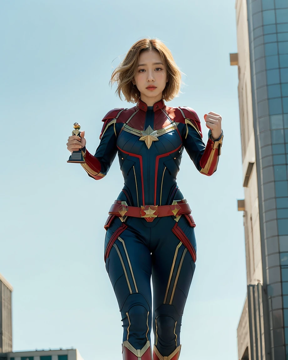full body shot of kathwin:1,side lighting,(short pixie hair:1.3),rim lighting on hair, shallow sharp depth of field, feminine heroic,(curvy:1.4), (highly detailed), (Award winning), (Masterpiece), movie still, (HDR), (8k wallpaper),captain marvel suit,flying,sky background,female focus