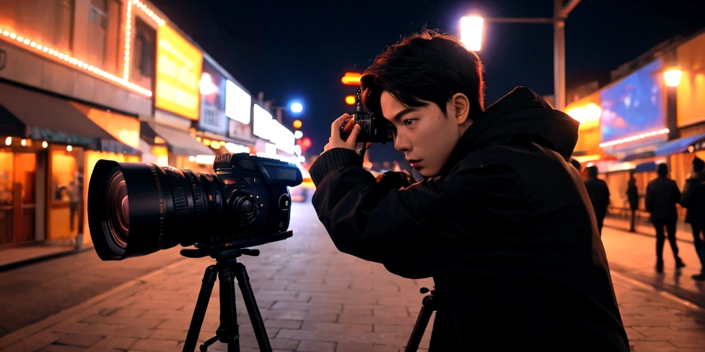 Male camera shooting at night
