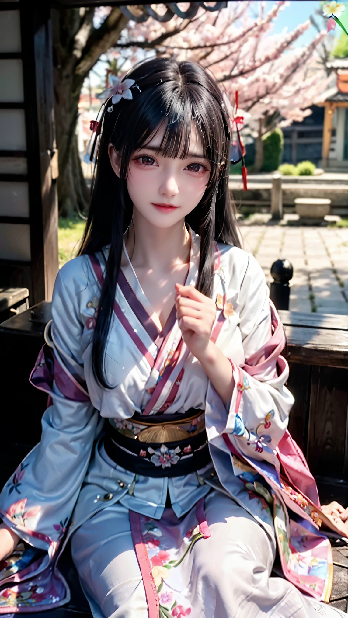 (logo、masterpiece、8k、table top、RAW photo、wonderful、最high quality、Photorealistic and hvery detailed CG integrated 8k wallpaper、high quality、very detailed、Narrative poem、particle effects、dynamic effects、written boundary depth、cinematic light、Lens flare、ray tracing)、fantasy、 (1 beautiful woman、white kimono、Japan Dress、white cherry blossom pattern、White cherry blossom embroidery pattern、black haired、beautiful face、real face、beautiful details eyes beautiful skin)、Hair flutters in Wind、hair bounces、pink cherry tree、petals dance、SakuraFubuki、wonderful scenery、sunrise、sun on background、Wind、god々、teeth、god story、vast land