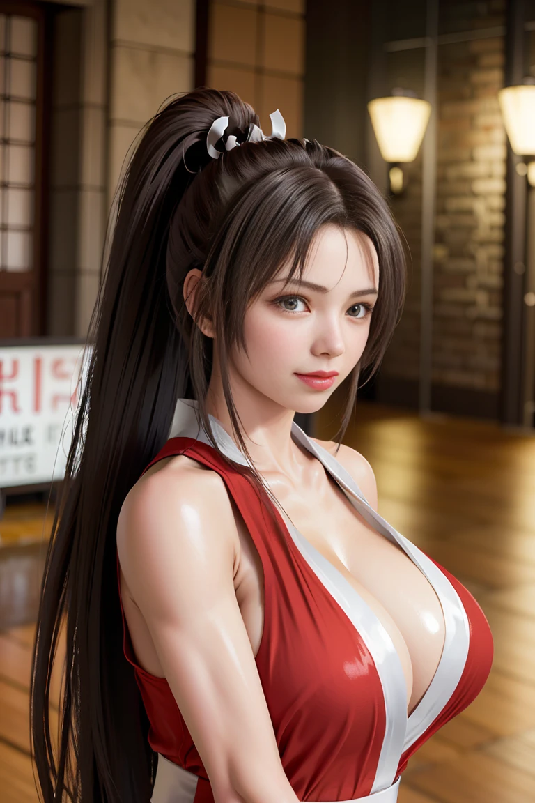 (8K, RAW photo, best quality, masterpiece:1.2), (realistic, photo-realistic:1.37),1 girl,cute, light smile, ponytail，Mai Shiranui, (独奏),detailed faceponytail, dramatic angle, huge breasts，Cleavage，Low-cut，Huge breasts
,office,looking at viewer,ass pov,cyberpunk,