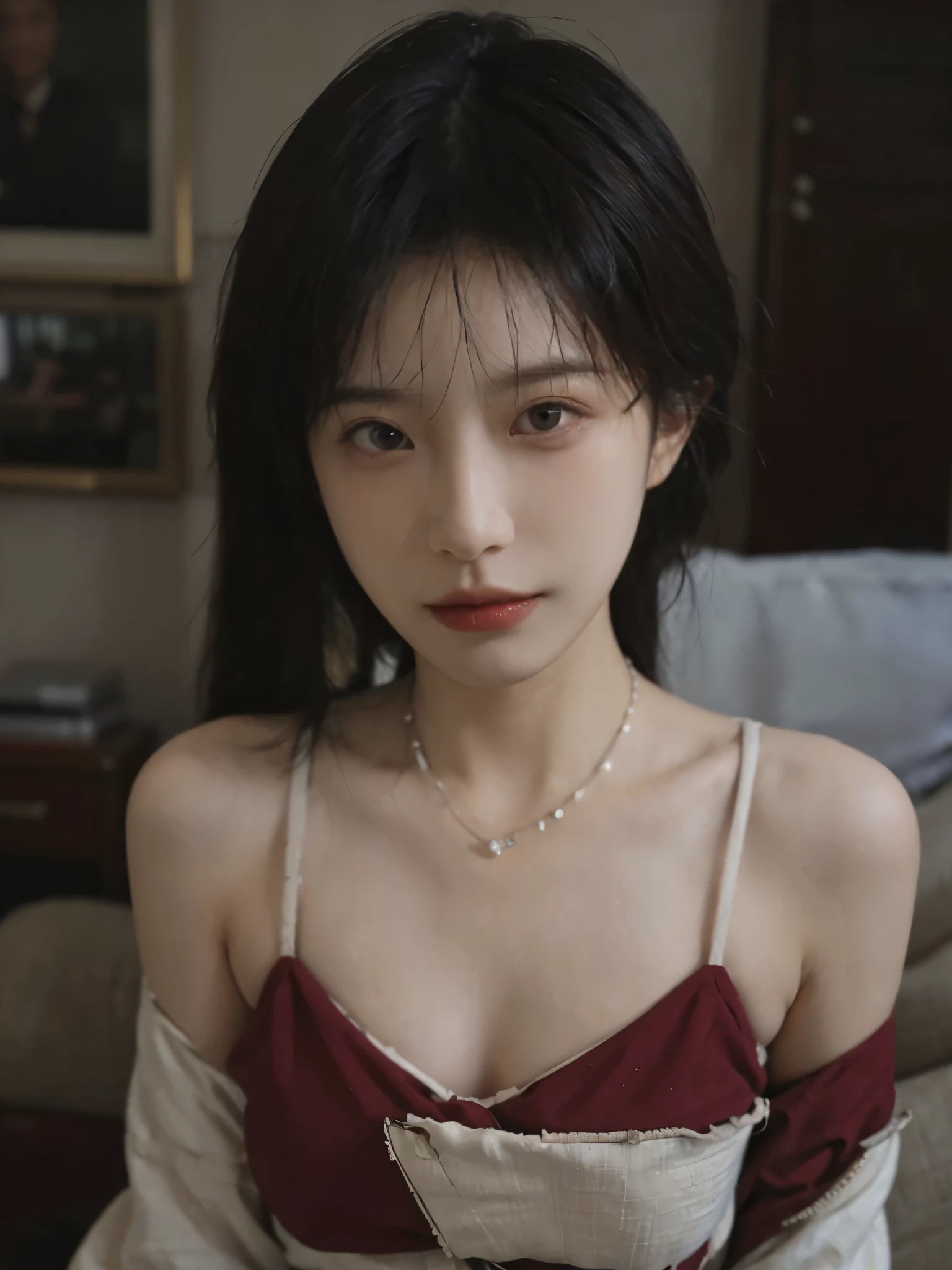 Film portrait photography, 2 girls, Bare shoulders,Lipstick,(flat chest:1.4), Wear a necklace,Cute expression,Exquisite makeup,Red suspenders,serene, calm, (Realistic and detailed eyes, Natural skin texture, Realistic facial details), Big breasts:1.6,Big Breasts,Soft dramatic lighting, Depth of Field, Bokeh, Vibrant details, Detailed and detailed, Surreal, 35mm film, hazy, ,