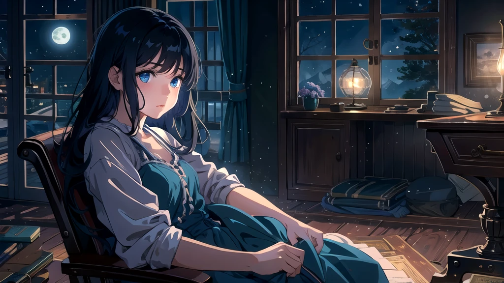 Create an illustration of a girl with black hair and blue eyes, sitting in a chair in front of a desk, Sentimental, Introspective look。, The moonlight gently shines into the room, Gently illuminate the space, Curtains sway in the wind, Increase tranquility, Dark mood, Emphasise the theme of loneliness, silence, And the depths of night, The room is dark、dimly lit by the moonlight