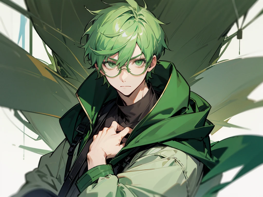 1man, green hair, green eyes, short hair, glasses, big hood jacket, not looking at camera, in distance