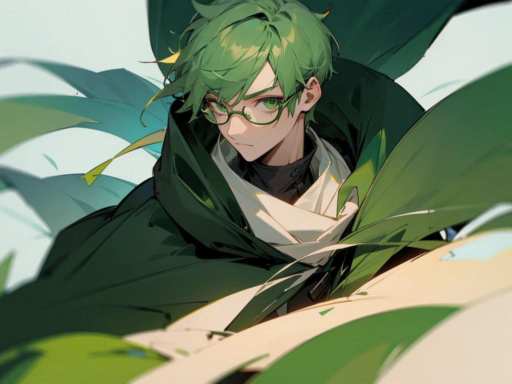 1man, green hair, green eyes, short hair, glasses, big hood jacket, not looking at camera, in distance 