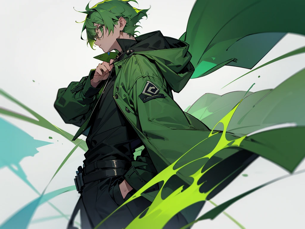 1man, green hair, green eyes, short hair, glasses, big hood jacket, not looking at camera, in distance