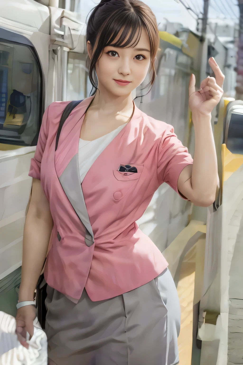 (masterpiece:1.2, Highest quality:1.2), 32k HDR, High resolution, (alone、1 girl)、 (Height: 160cm)、（On the rooftop of a building in the daytime、Professional Lighting）、Building rooftop background、（Nankai train crew uniform pinkを着たリアルスタイル）、（Nankai train crew uniform pink short sleeve collarless pink jacket、Nankai Train Crew Uniform Pink Collarless Short Sleeve Blouse、Nankai Train Crew Uniform Pink Grey Knee-length Culottes）、（The pink jacket is showing from the culottes.）、Dark brown hair、（Hair tied up、Hair tied up、Evening curly hairstyle）、Dark brown hair、Long Shot、Big Breasts、Thin legs、（（Great hands：2.0）），（（Harmonious body proportions：1.5）），（（Normal limbs：2.0）），（（Normal finger：2.0）），（（Delicate eyes：2.0）），（（Normal eyes：2.0））)、smile、（Nankai Train Crew Uniform Pink Grey Knee-length Culottesを見せた美しい歩く姿）、Place your hands around your stomach、Lanyard employee ID card