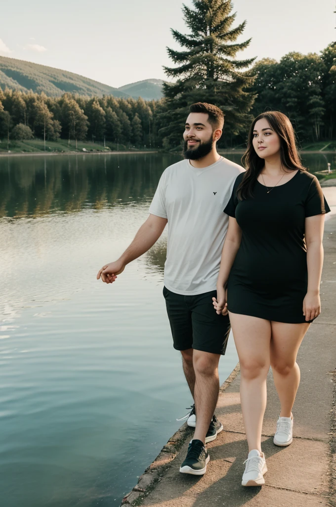 Chubby girl with a slim boy with beard, holding hand and walking alongside the lake 