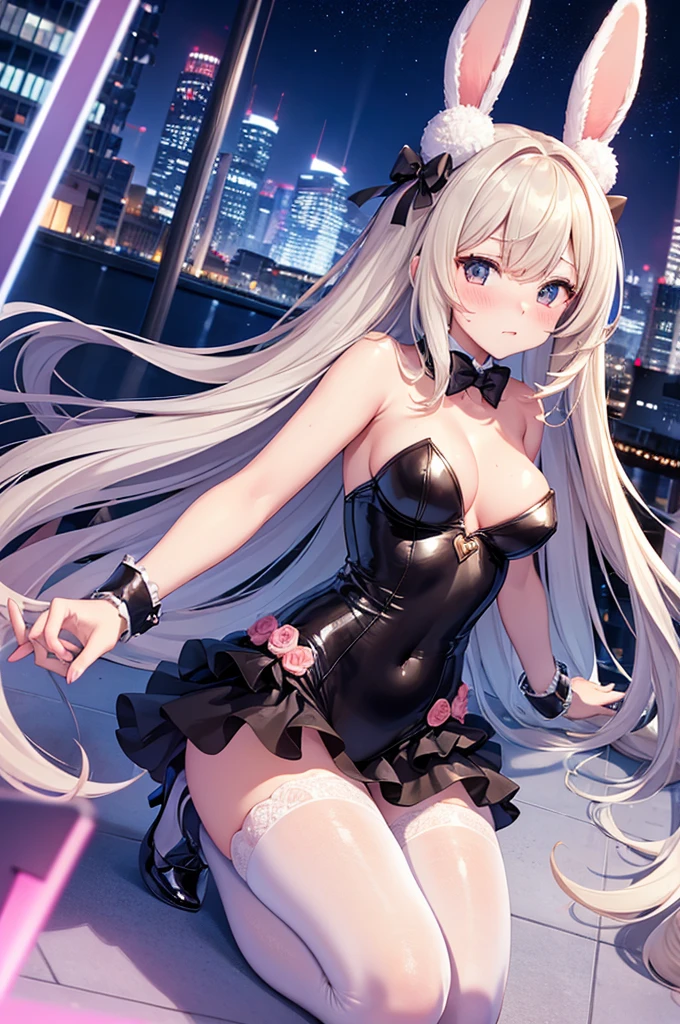 masterpiece, High resolution ,Awesome fluffy bunny suit,Embarrassed face,I was so panicked.,Blushing,Obscene pose,sexy glamorous body,,Futuristic midnight downtown cityscape