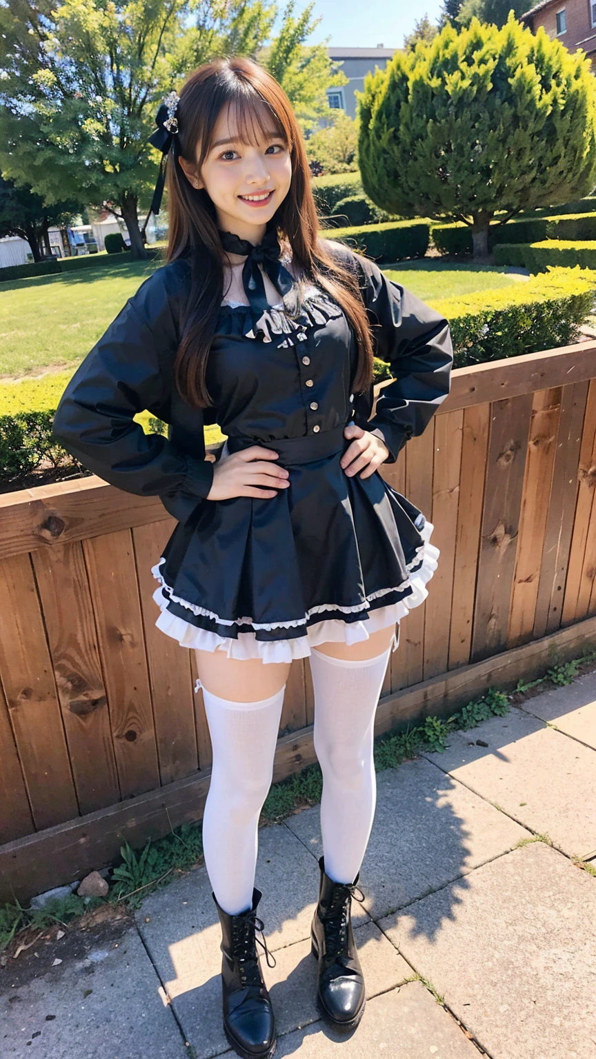 (8K、RAW Photos、Highest quality、masterpiece:1.2)、(Realistic、Realistic)、1 Girl、((Jacket、Black Mini Skirt、one piece、Frills、smile、Medium Hair、Pretty Cure Costume、See-through、tights、ribbon、boots、chest emphasis、whole body、garden、View from the front、Looking into the camera、Stand with your hands on your hips))、
