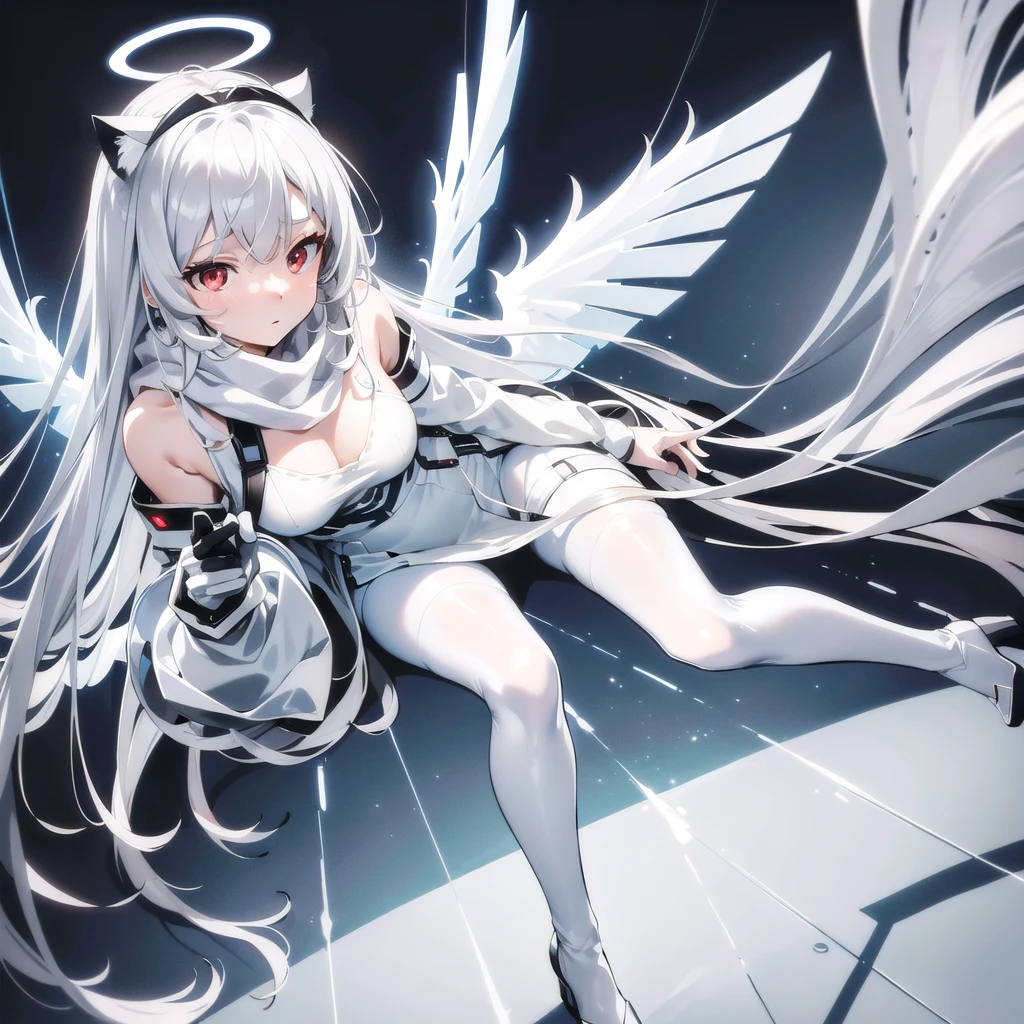 masterpiece, highest quality, highest resolution, clear_image, detailed details, White hair, long hair, cat ears, one girl, red eyes, white pantyhose, sci-fi military clothing, white scarf (with a light blue glow), gray futuristic halo (gray halo over the head), white wings (4 wings), cute, full body, no water marks