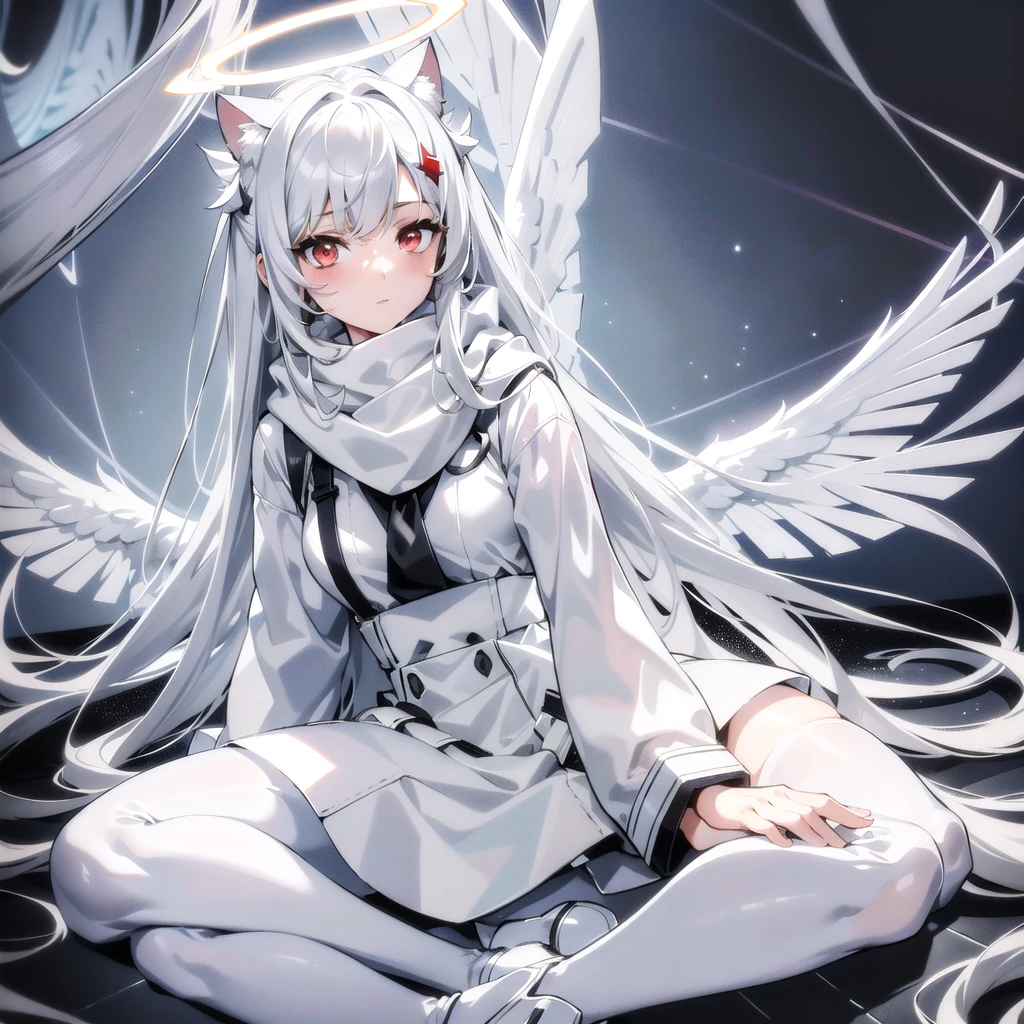 masterpiece, highest quality, highest resolution, clear_image, detailed details, White hair, long hair, cat ears, one girl, red eyes, white pantyhose, sci-fi military clothing, white scarf (with a light blue glow), gray futuristic halo (gray halo over the head), white wings (4 wings), cute, full body, no water marks