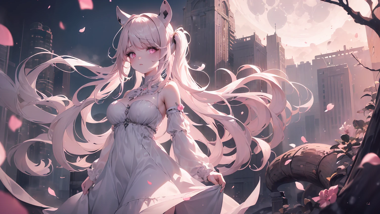 ((((Obra maestra, La mejor calidad, ultrahigh resolution)))), 1girl, standing,), ((long pure pink hair, hair over eye)), long hair cut, shiny skin, ((pink eyes)), glowing_eyes, neon eyes, (ultra detailed eyes:0.7, beautiful and detailed face, detailed eyes:0.9), ((centered)), smirk, facing viewer, ((vibrant background, dark lighting, summer, sunlight)), large chested, looking at viewer, ((half closed eyes)), ((perfect hands)), (((head:1, arms, hips in view, elbows, in view))), ((hands behind back)), empty eyes, beautiful lighting, ((outside, outdoors)), defined subject, head tilt, (((gritty)), ((creepy)), ((cool)), ((beautiful)), (((SFW))), horns, hair ornament, petals in the air, moon in the sky, city, mature woman, adult woman, sfw, pink and white dress, night dress, bunny ears, she is a princess