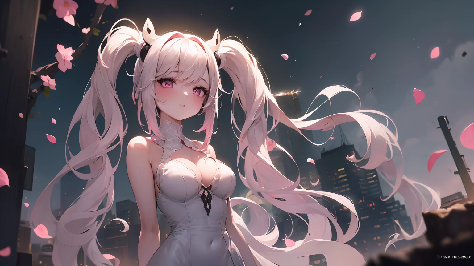 ((((Obra maestra, La mejor calidad, ultrahigh resolution)))), 1girl, standing,), ((long pure pink hair, hair over eye)), long hair cut, shiny skin, ((pink eyes)), glowing_eyes, neon eyes, (ultra detailed eyes:0.7, beautiful and detailed face, detailed eyes:0.9), ((centered)), smirk, facing viewer, ((vibrant background, dark lighting, summer, sunlight)), large chested, looking at viewer, ((half closed eyes)), ((perfect hands)), (((head:1, arms, hips in view, elbows, in view))), ((hands behind back)), empty eyes, beautiful lighting, ((outside, outdoors)), defined subject, head tilt, (((gritty)), ((creepy)), ((cool)), ((beautiful)), (((SFW))), horns, hair ornament, petals in the air, moon in the sky, city, mature woman, adult woman, sfw, pink and white dress, night dress, bunny ears, she is a princess