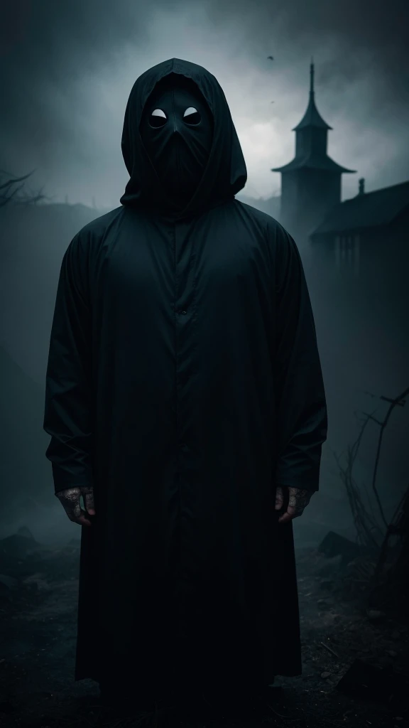 Transform the image of No-Face from ‘Spirited Away’ into a horror-themed version. Intensify his already eerie appearance with even darker shadows and a more sinister atmosphere. Make his mask more menacing with cracks or stains, and his body should appear more shadowy and undefined, almost like a wraith. The background should be filled with ominous, twisted figures and a foreboding landscape, amplifying the sense of dread. Capture the essence of No-Face as an even more terrifying and otherworldly entity.”
