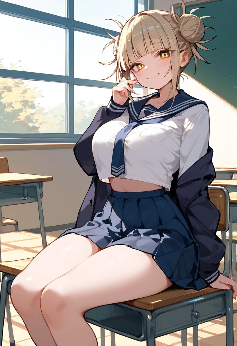 upscales,8K,(( 1 girl in)), Intricate patterns,Character focus,Girls' high school students,Modern School Uniforms,short- sleeved,Classroom,sit on chair,with her hips raised,fart,The classroom is full of farts,Very shy,fart,Girl farts