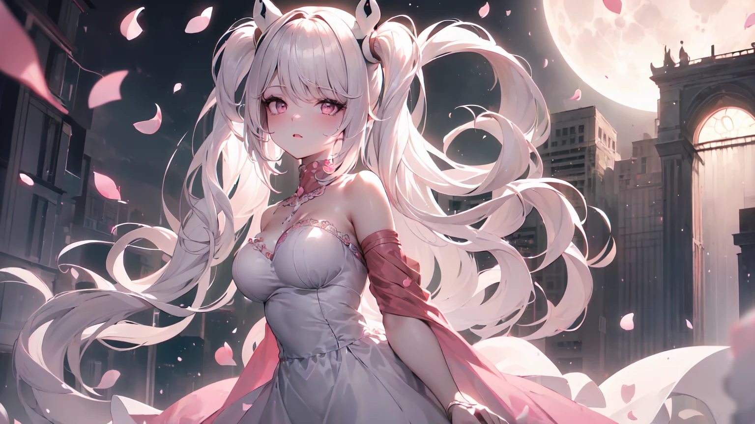 ((((Obra maestra, La mejor calidad, ultrahigh resolution)))), 1girl, standing,), ((long pure pink hair, hair over eye)), long hair cut, shiny skin, ((pink eyes)), glowing_eyes, neon eyes, (ultra detailed eyes:0.7, beautiful and detailed face, detailed eyes:0.9), ((centered)), smirk, facing viewer, ((vibrant background, dark lighting, summer, sunlight)), large chested, looking at viewer, ((half closed eyes)), ((perfect hands)), (((head:1, arms, hips in view, elbows, in view))), ((hands behind back)), empty eyes, beautiful lighting, ((outside, outdoors)), defined subject, head tilt, (((gritty)), ((creepy)), ((cool)), ((beautiful)), (((SFW))), horns, hair ornament, petals in the air, moon in the sky, city, mature woman, adult woman, sfw, pink and white dress, night dress, bunny ears, she is a princess,