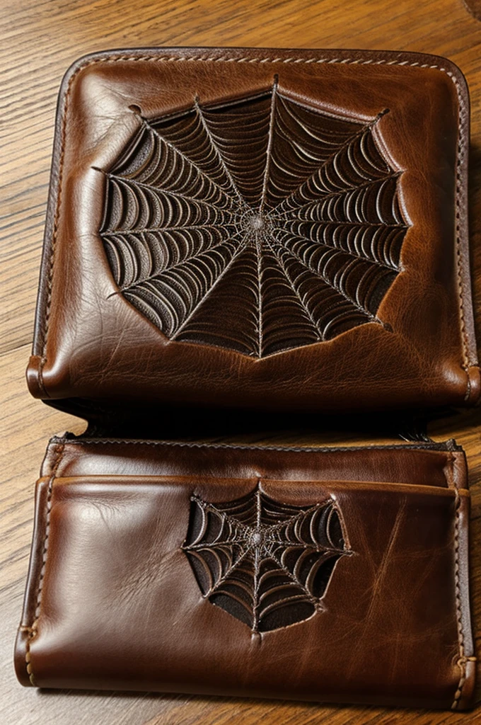 Spider web inside old leather wallet