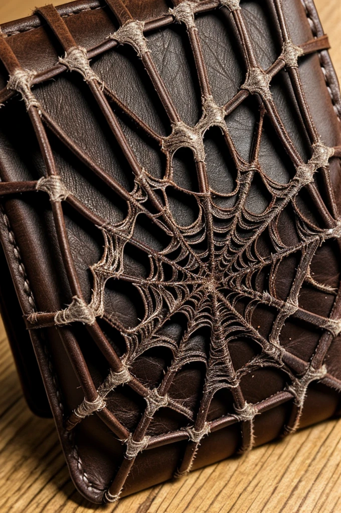 Spider web inside old leather wallet