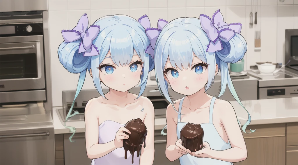 pink bow, long hair, blue eyes, double bun, purple bow, Blue Hair, Twin tails, Hair between the eyes, hair bow, eyebrows visible through hair, Highest quality, (masterpiece:1.2), Very detailed, (masterpiece), (figure),indoor, kitchen,Are standing, Upper Body,Light blue apron, face focus:1.2), face, (from the front:1.2),Stay, clavicle, Flat Chest,naked,Cover your whole body in chocolate