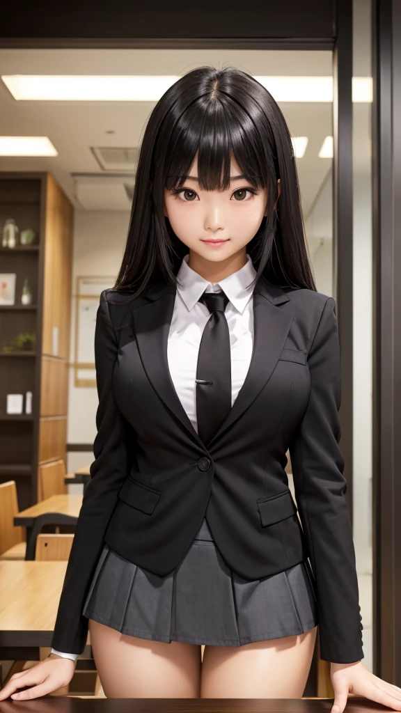 ((Tabletop)), (Detailed face), (highlight), Asian Girl、Big breasts、thigh、Black Hair、Heavy bangs、high school girl、skirt、blazer、