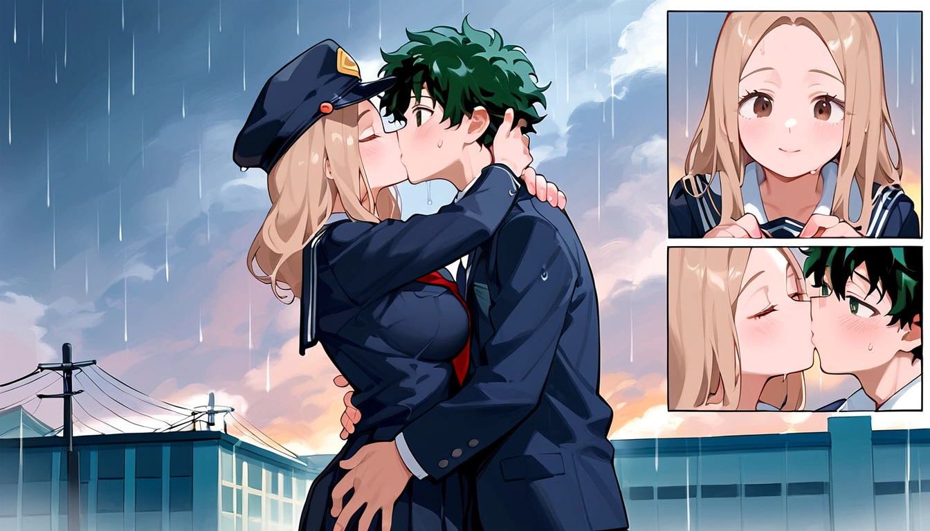 anime artwork, score_9, score_8_up, score_7_up, score_6_up, score_5_up, score_4_up, r,Camie Utsushimi, light brown hair, dark brown eyes,, breasts, , big breasts, (school uniform:1.2), standing, cap, she is 24 years old, wet whirt, ,horny, , , , style_3, 1boy, Izuku Midoriya, kissing, outdoors, raining, blush, wet, dark atmoshpere, They are completely soaked, evening, gaps in the clouds, his hands on her hips, hugging, close-up