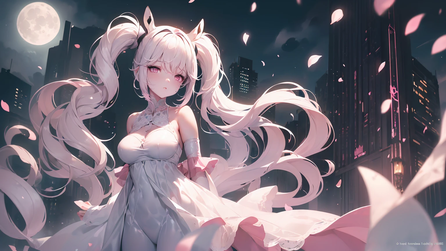 ((((Obra maestra, La mejor calidad, ultrahigh resolution)))), 1girl, standing,), ((long pure pink hair, hair over eye)), long hair cut, shiny skin, ((pink eyes)), glowing_eyes, neon eyes, (ultra detailed eyes:0.7, beautiful and detailed face, detailed eyes:0.9), ((centered)), smirk, facing viewer, ((vibrant background, dark lighting, summer, sunlight)), large chested, looking at viewer, ((half closed eyes)), ((perfect hands)), (((head:1, arms, hips in view, elbows, in view))), ((hands behind back)), empty eyes, beautiful lighting, ((outside, outdoors)), defined subject, head tilt, (((gritty)), ((creepy)), ((cool)), ((beautiful)), (((SFW))), horns, hair ornament, petals in the air, moon in the sky, city, woman, adult woman, sfw, pink and white dress, night dress, bunny ears, she is a princess