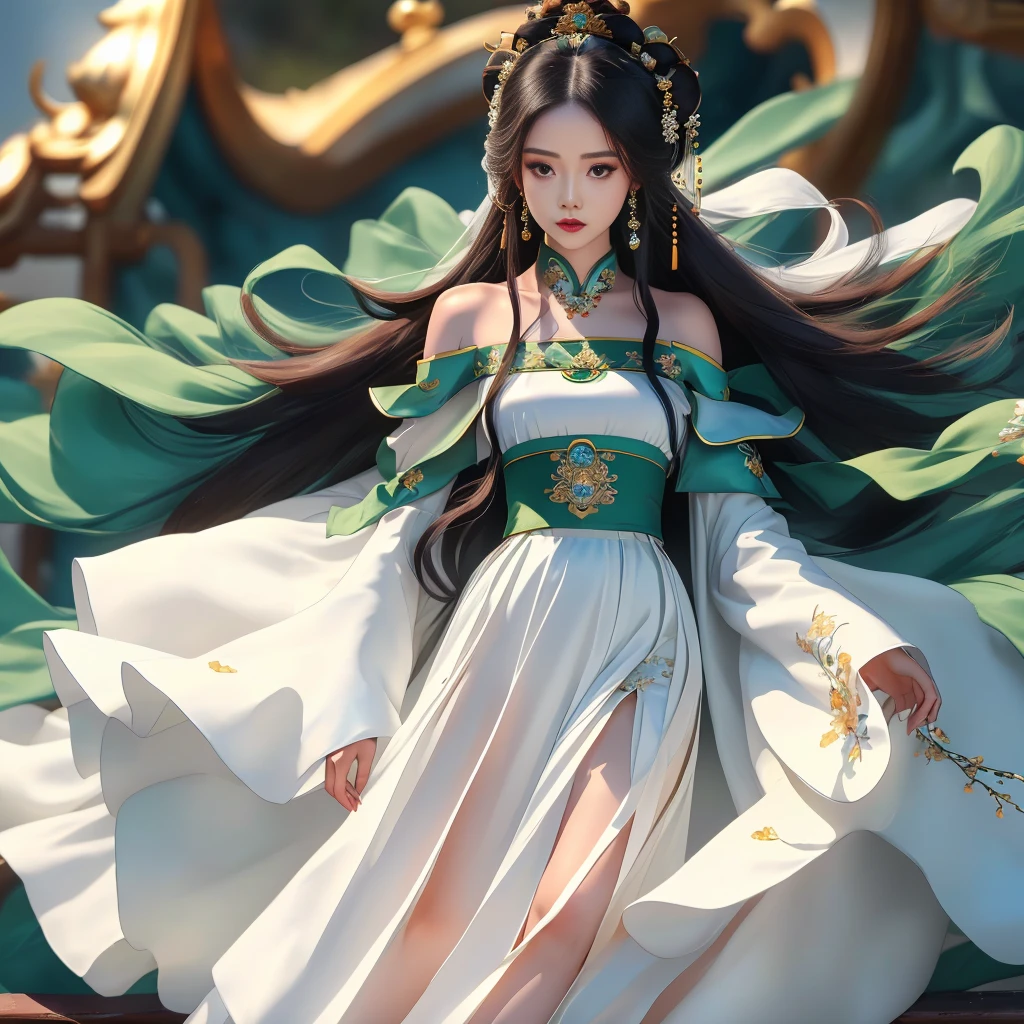 Girl in traditional Chinese clothing, Hanfu, Guzhen Hanfu women, green Hanfu,(long straight black hair:1.5), black eyes, black bun hairstyle, hair accessories ,white diamond earrings, Bangle Diameter, Dia Necklace, Clear eyes, Facing forward,put on makeup, Long eyelashes ,(Jade green long shoulder coat:1.5), (Very long skirt, white:1.5), ((Whole body)), ((from below)), Clear face, , (Very beautiful face, Beautiful mouth, beautiful eyes), detailed face, ((Ultra-fine skin)), In the dark, deep shadows, an ancient Chinese girl (Very slim figure 1.3) ,Plump breasts, elegant posture ,(palace in the sky:1.5), open mouth