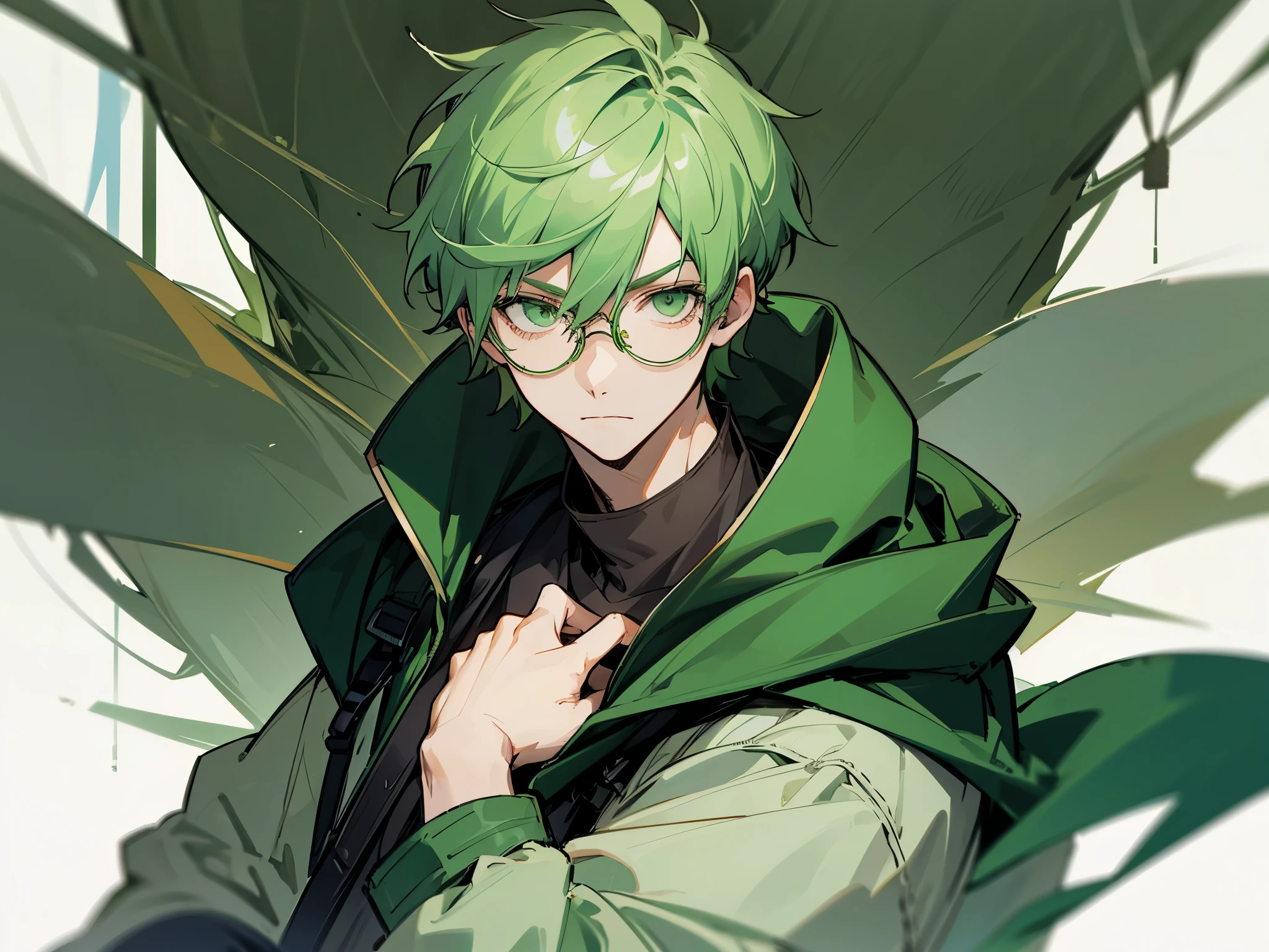 1man, green hair, green eyes, short hair, glasses, big hood jacket, not looking at camera, in distance 