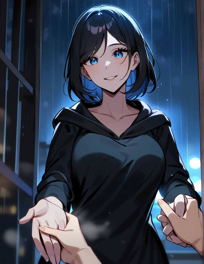 Mysterious greek milf woman with short hair, wearing a black hooded tunic, with dazzling blue eyes, holds out her hand while making a proposal, on a rainy night