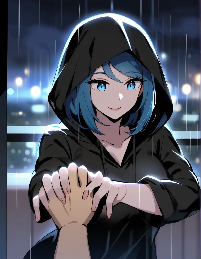Mysterious greek milf woman with short hair, wearing a black hooded tunic, with dazzling blue eyes, holds out her hand while making a proposal, on a rainy night