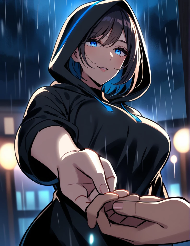 Mysterious greek milf woman with short hair, wearing a black hooded tunic, with dazzling blue eyes, holds out her hand while making a proposal, on a rainy night