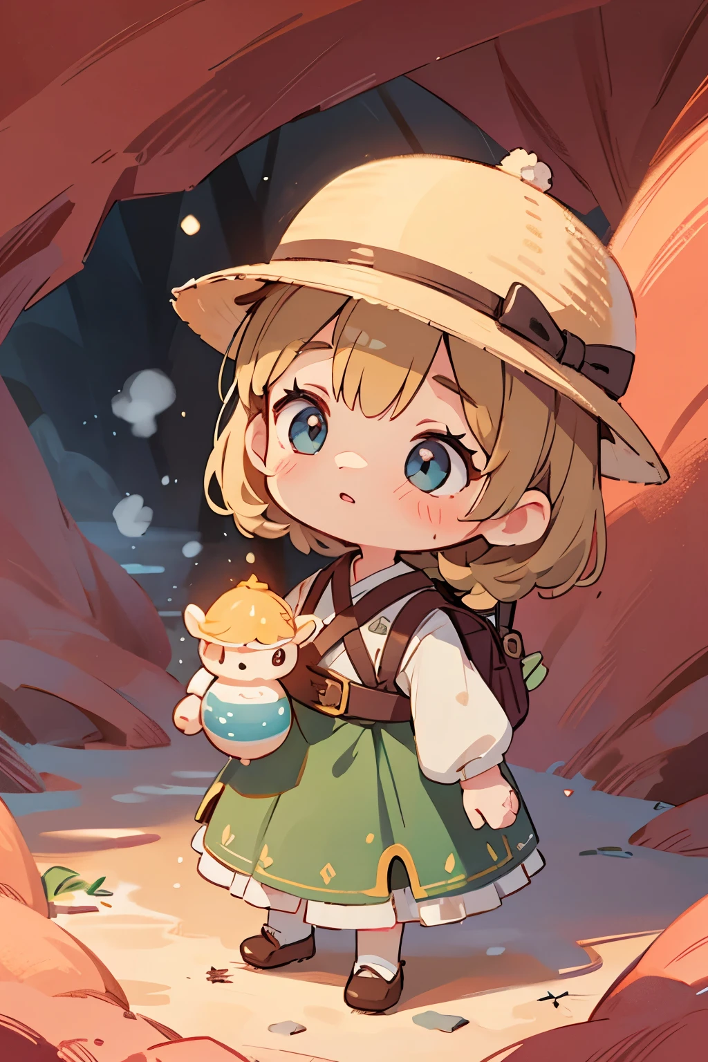 Chibi Girl、Walking along a straight road in Valley of Fire State Park、hat、Sweat、heat haze、No green、I can see a big rock mountain、Very detailed、Ultra-realistic、Photorealistic、8K、Hyperrealistic、masterpiece、Beautiful detailed eyes、Beautiful detailed lips、Very detailedな顔、Long eyelashes、Beautiful young girl、Calm expression、Warm colors、Beautiful lighting、Cinematic、Intricate details、Bright colors、Soft Focus、Depth of written boundary