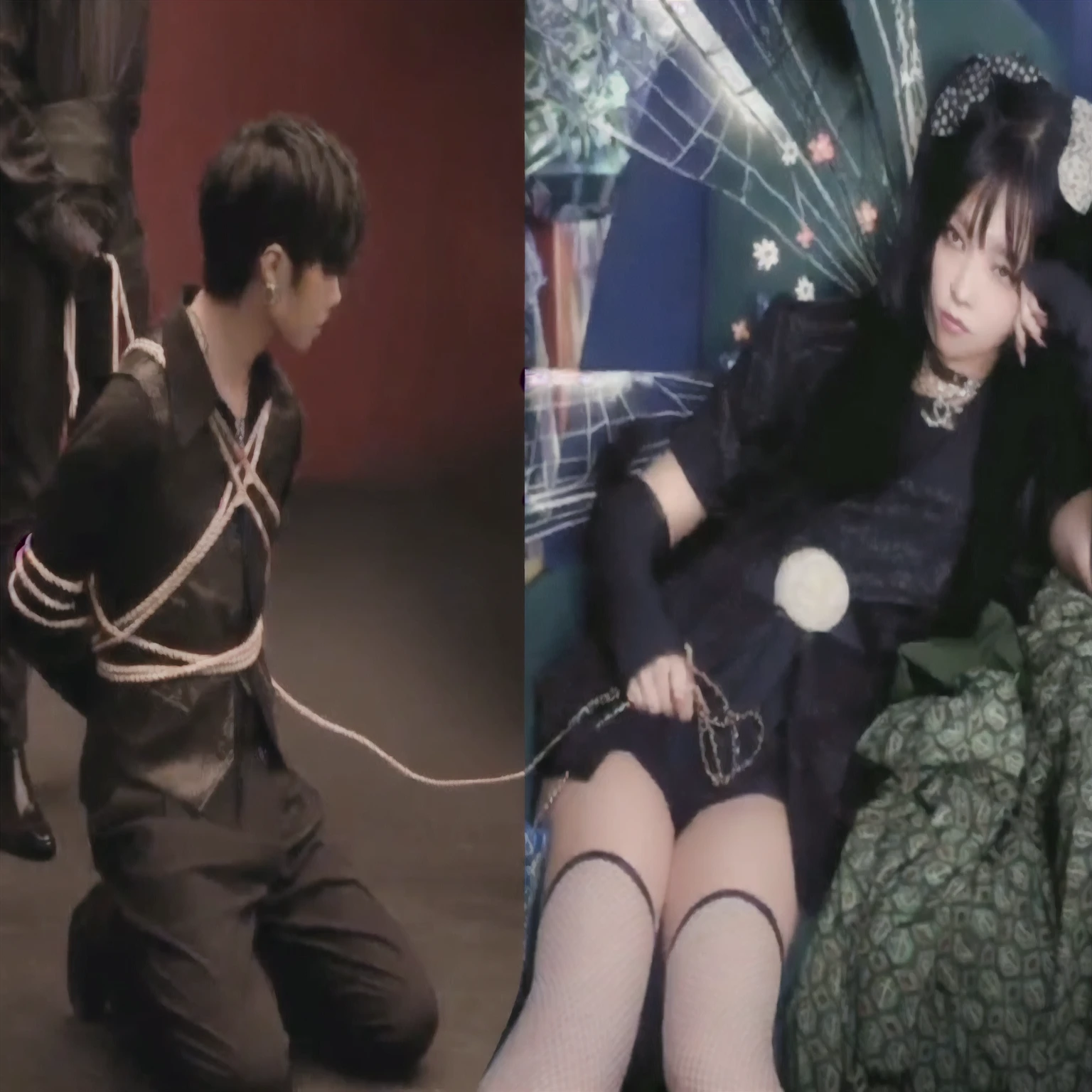 Two pictures of a woman wearing a black dress and a man wearing black clothes, Still from a music video, Hesiav Ron, Steven Klein, Kai xukun, Nexio and Sakimechan, YouTube video screenshot, Trending on cgstation, Huang Yusheng and Aya Takano, It&#39;s Pixifs and Junji, Shibari, handcuffed man, his, torture, Jennie Kim, Jennie Blackpink, handcuffing