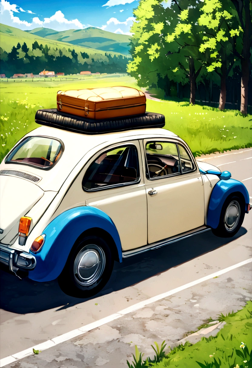 spare tyre next to car which is standing on the sideway of the country road during beutifull day in east europe