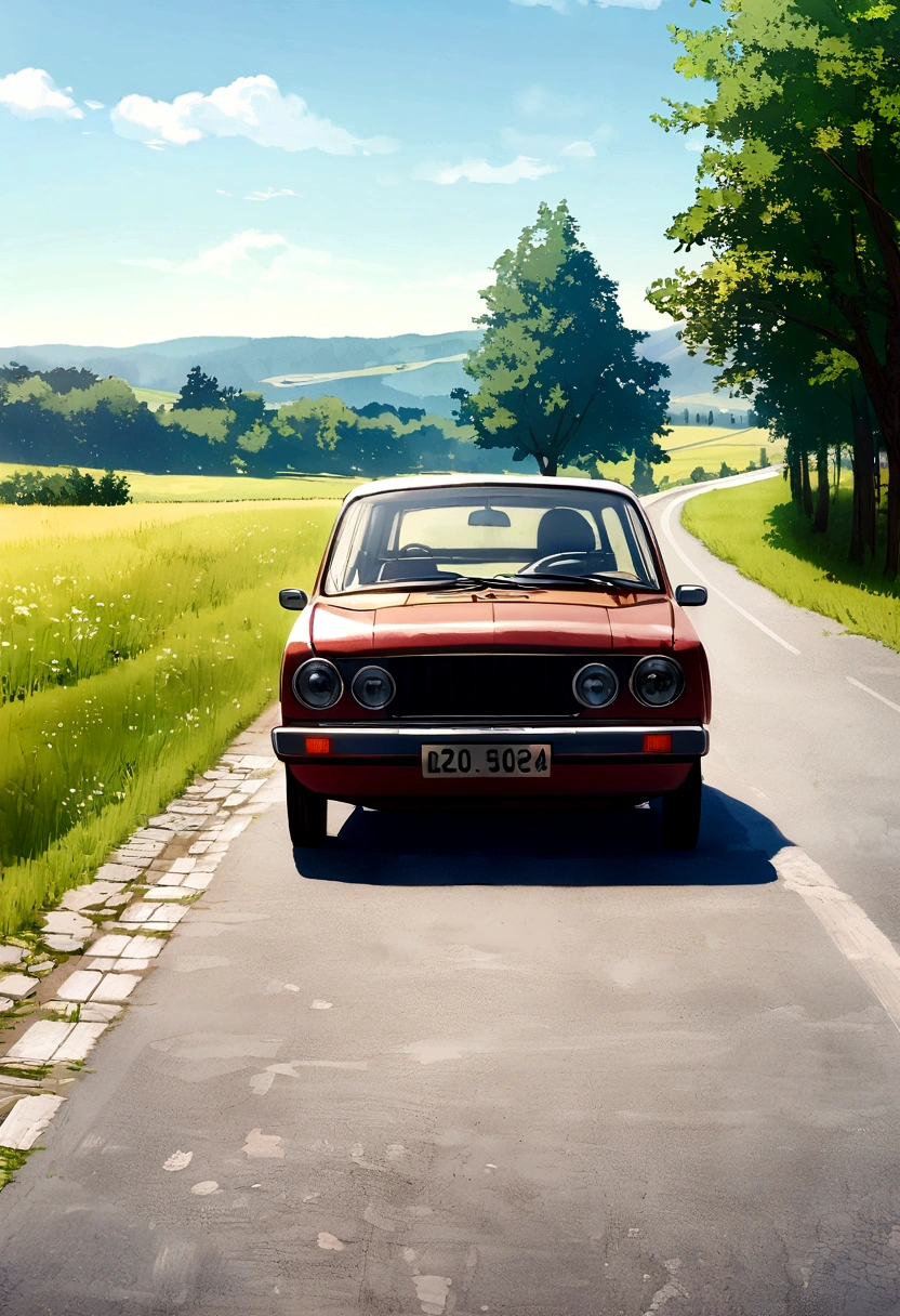 spare tyre next to car which is standing on the sideway of the country road during beutifull day in east europe
