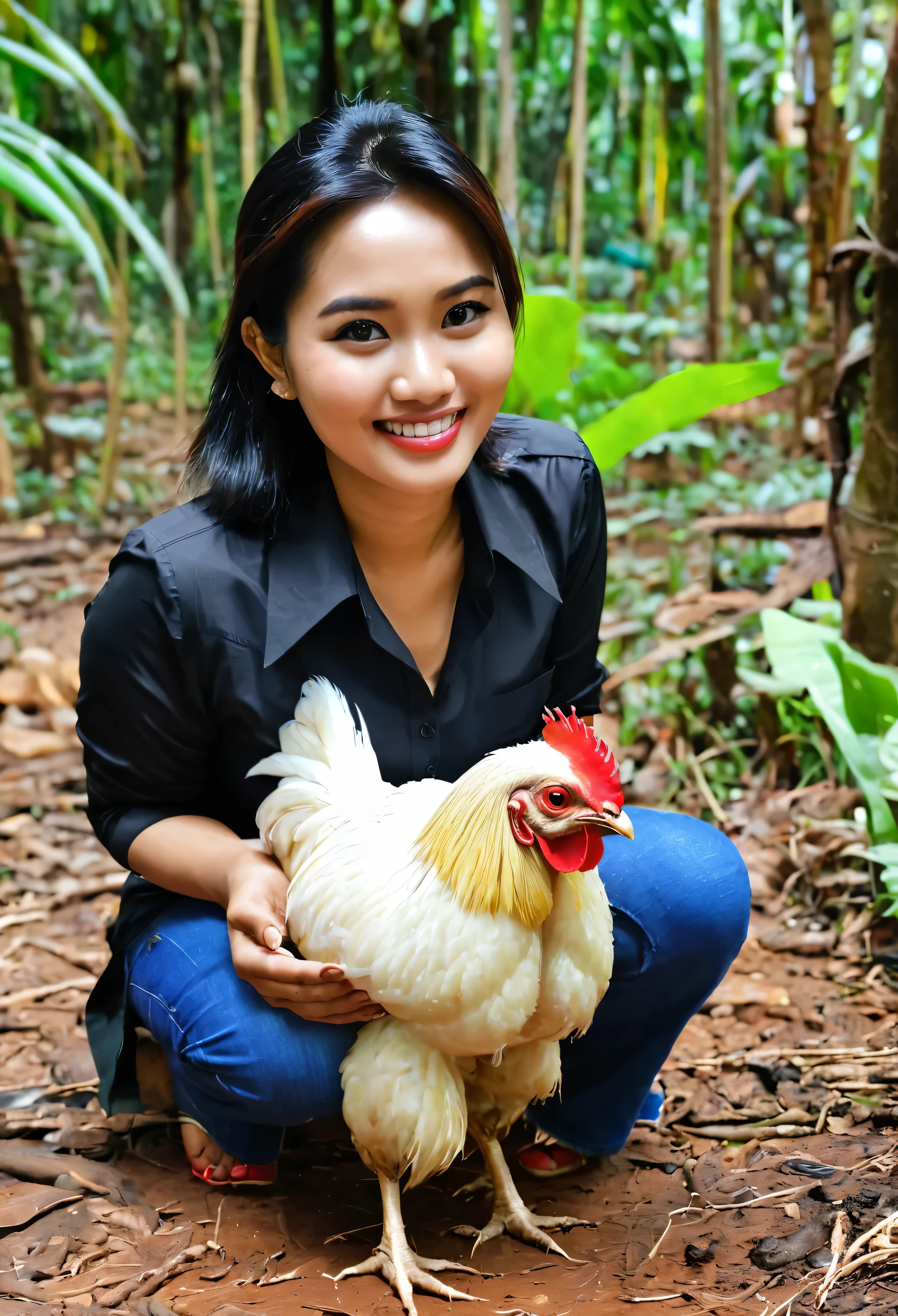 Chicken in the forest with a beautiful girl