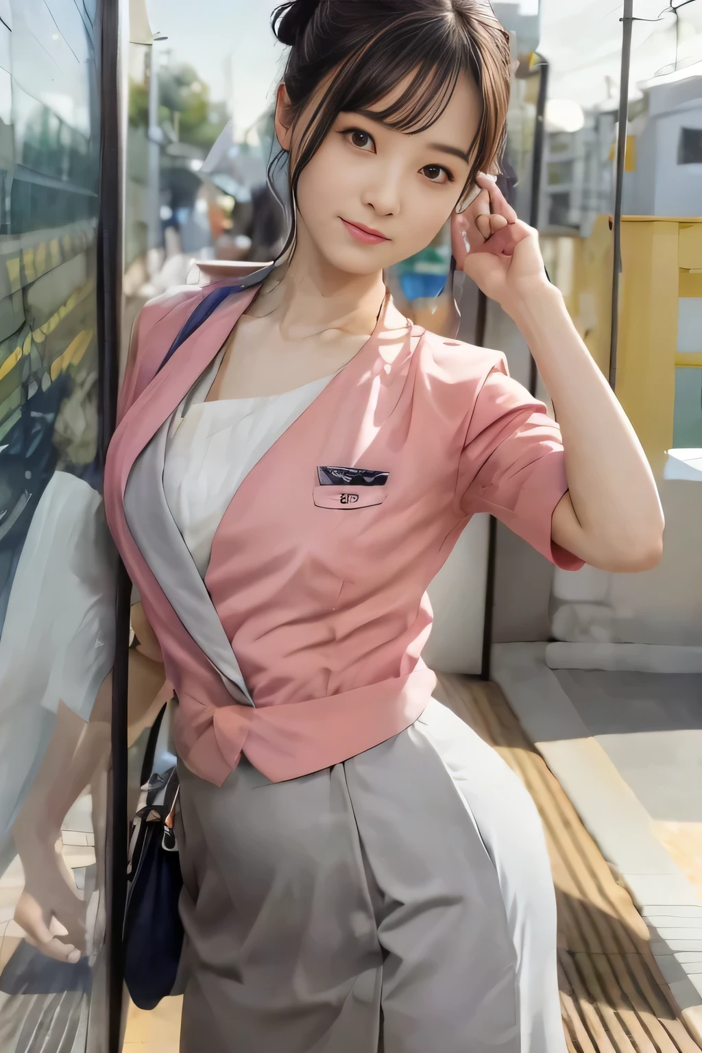 (masterpiece:1.2, Highest quality:1.2), 32k HDR, High resolution, (alone、1 girl)、 (Height: 160cm)、(On the rooftop of a building in the daytime、Professional Lighting)、Building rooftop background、(Nankai train crew uniform pinkを着たリアルスタイル)、(Nankai train crew uniform pink short sleeve collarless pink jacket、Nankai Train Crew Uniform Pink Collarless Short Sleeve Blouse、Nankai Train Crew Uniform Pink Grey Knee-length Culottes)、(The pink jacket is showing from the culottes.)、Dark brown hair、(Hair tied up、Hair tied up、Evening curly hairstyle)、Dark brown hair、Long Shot、Big Breasts、Thin legs、((Great hands:2.0)),((Harmonious body proportions:1.5)),((Normal limbs:2.0)),((Normal finger:2.0)),((Delicate eyes:2.0)),((Normal eyes:2.0)))、smile、(Nankai Train Crew Uniform Pink Grey Knee-length Culottesを見せた美しい歩く姿)、Place your hands around your stomach、Lanyard employee ID card