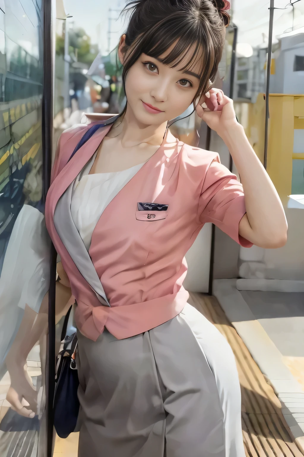 (masterpiece:1.2, Highest quality:1.2), 32k HDR, High resolution, (alone、1 girl)、 (Height: 160cm)、(On the rooftop of a building in the daytime、Professional Lighting)、Building rooftop background、(Nankai train crew uniform pinkを着たリアルスタイル)、(Nankai train crew uniform pink short sleeve collarless pink jacket、Nankai Train Crew Uniform Pink Collarless Short Sleeve Blouse、Nankai Train Crew Uniform Pink Grey Knee-length Culottes)、(The pink jacket is showing from the culottes.)、Dark brown hair、(Hair tied up、Hair tied up、Evening curly hairstyle)、Dark brown hair、Long Shot、Big Breasts、Thin legs、((Great hands:2.0)),((Harmonious body proportions:1.5)),((Normal limbs:2.0)),((Normal finger:2.0)),((Delicate eyes:2.0)),((Normal eyes:2.0)))、smile、(Nankai Train Crew Uniform Pink Grey Knee-length Culottesを見せた美しい歩く姿)、Place your hands around your stomach、Lanyard employee ID card