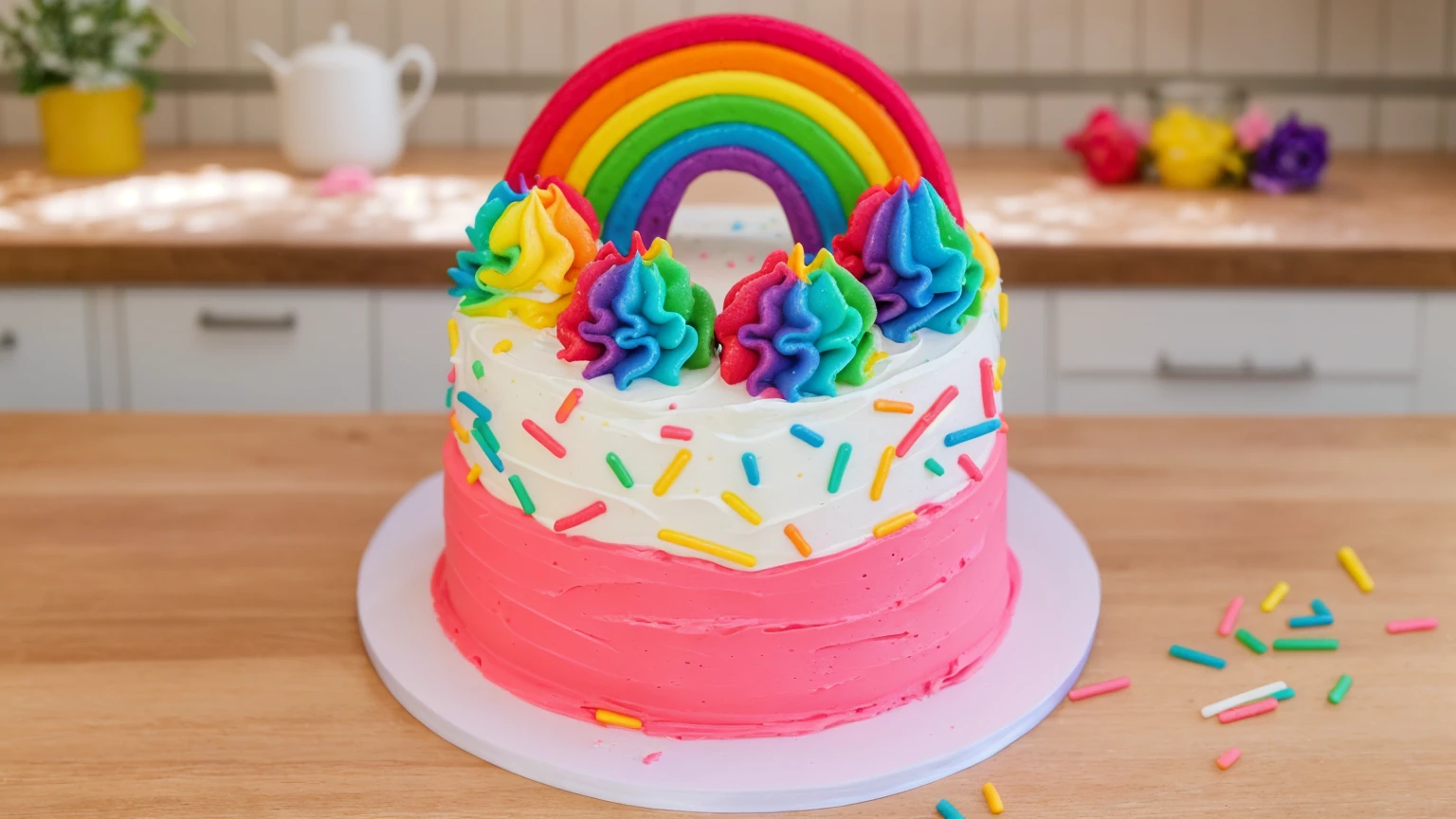 A vibrant and colorful cake with a rainbow decoration on top. The cake has pink and white frosting with rainbow sprinkles scattered on it. The top of the cake features multi-colored swirls of frosting in blue, purple, green, yellow, and orange. The background is a cozy kitchen with soft, warm lighting.