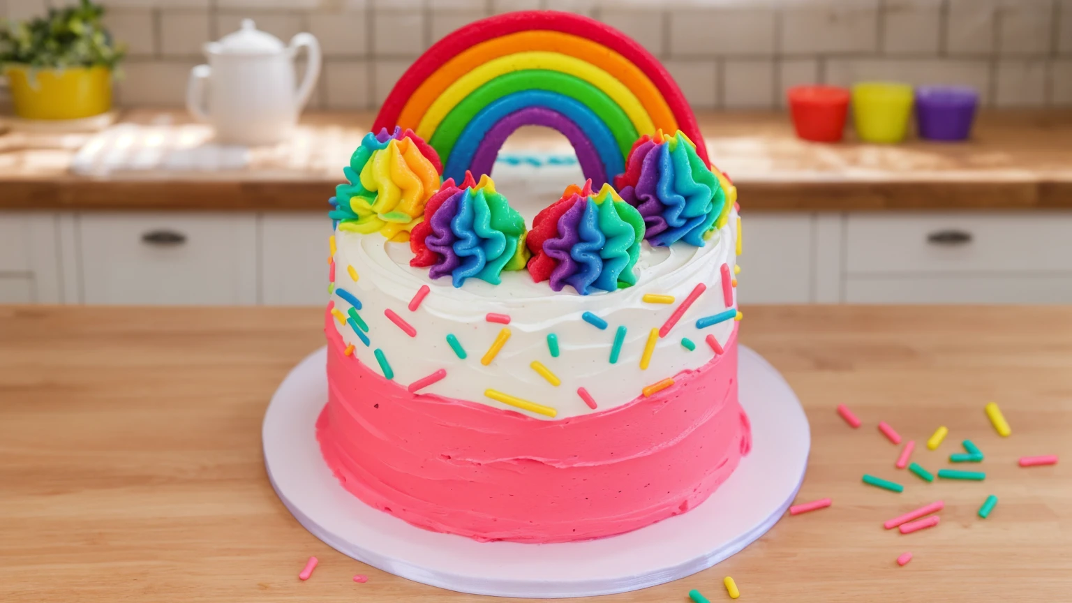 A vibrant and colorful cake with a rainbow decoration on top. The cake has pink and white frosting with rainbow sprinkles scattered on it. The top of the cake features multi-colored swirls of frosting in blue, purple, green, yellow, and orange. The background is a cozy kitchen with soft, warm lighting.