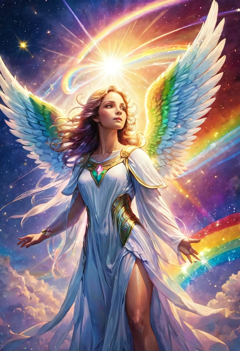 Beautiful female angel protecting the earth, guardian angel, shooting star, rainbow colored light